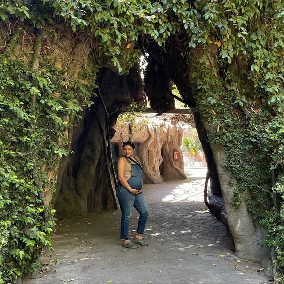 Indigo Blue Women's Distressed maternity Denim Overalls - Picture 2 of 8